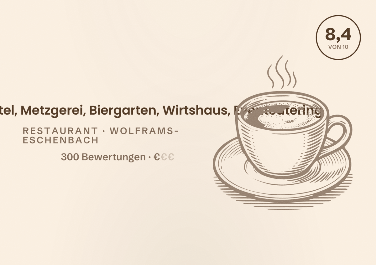 Illustriertes Poster von Der Gary - Hotel, Metzgerei, Biergarten, Wirtshaus, Eventcatering, Restaurant in Wolframs-Eschenbach: Bewertung 8,4 von 10 aus 300 Bewertungen, Preisniveau €