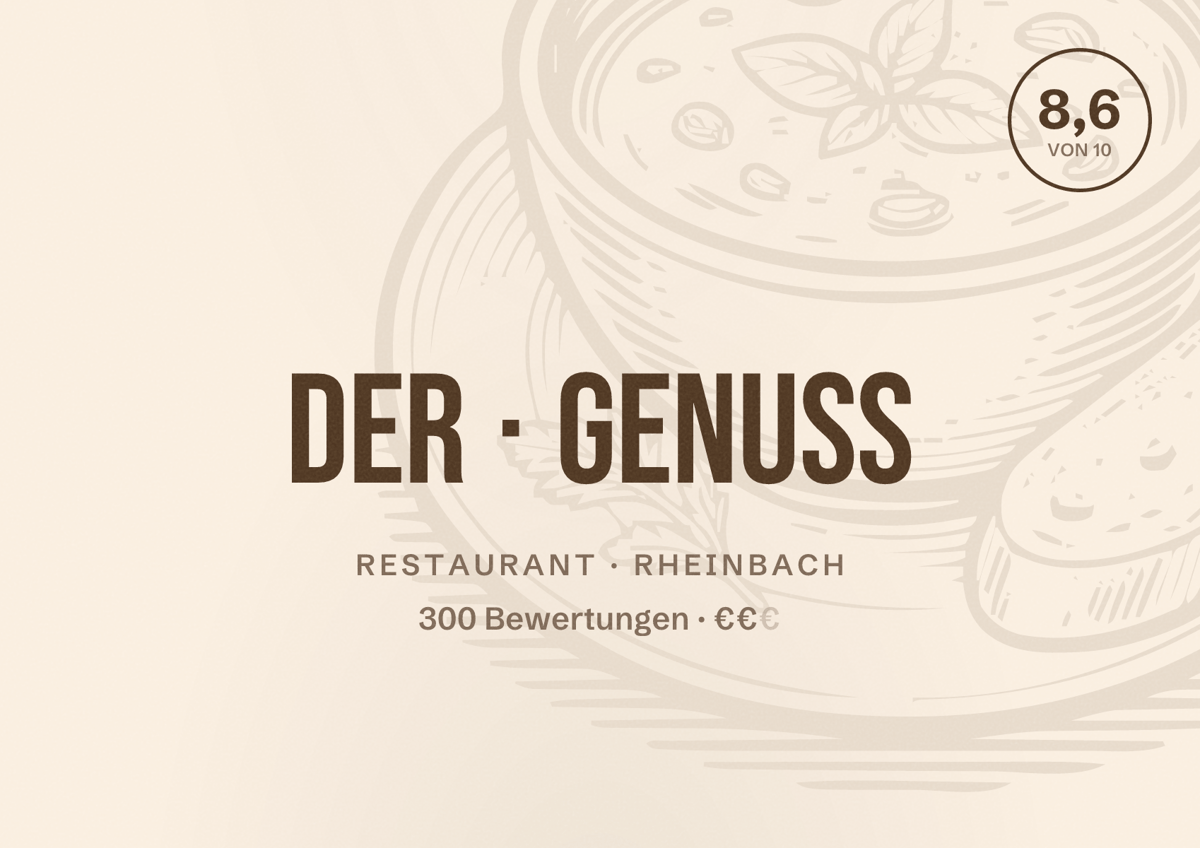 Illustriertes Poster von der Genuss, Restaurant in Rheinbach: Bewertung 8,6 von 10 aus 300 Bewertungen, Preisniveau €€