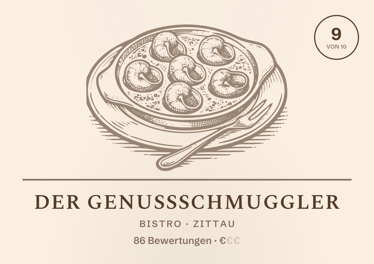 Illustriertes Poster von Der GenussSchmuggler, Bistro in Zittau: Bewertung 9 von 10 aus 86 Bewertungen, Preisniveau €
