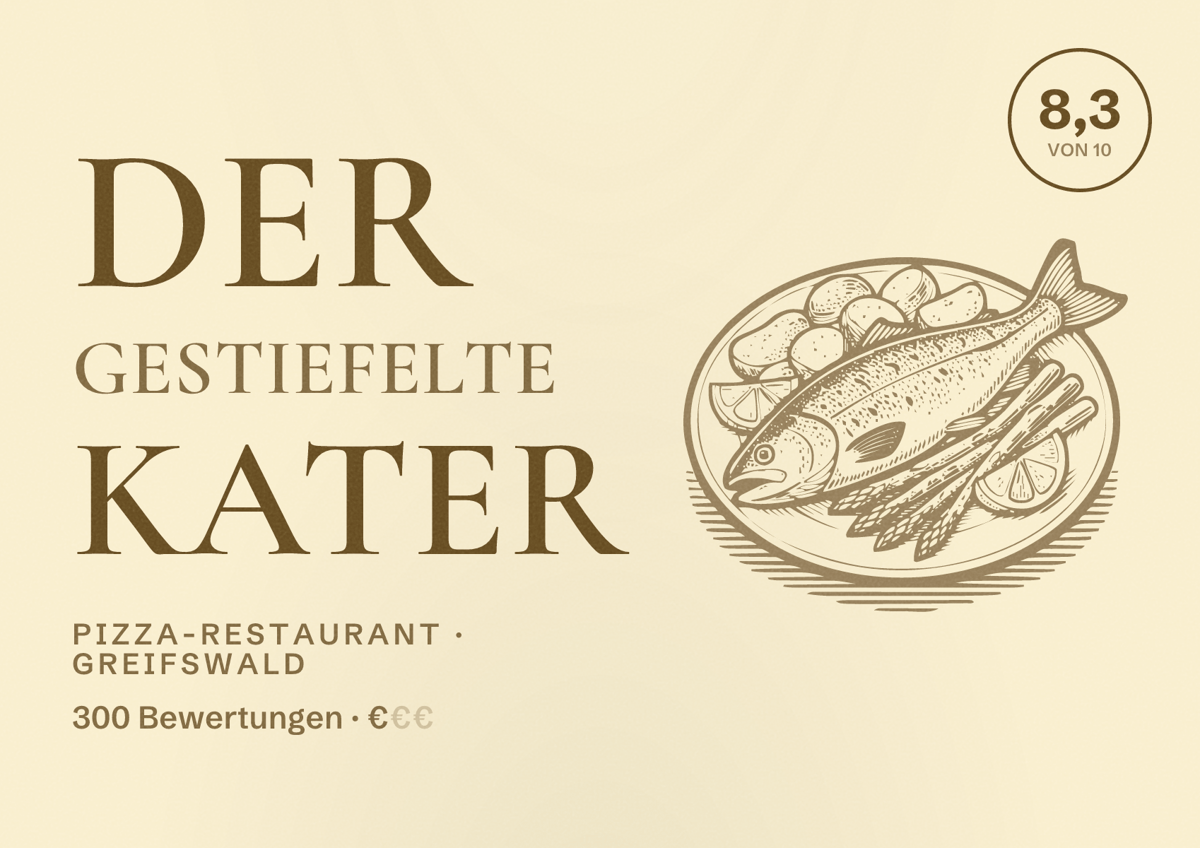 Illustriertes Poster von Der Gestiefelte Kater, Pizza-Restaurant in Greifswald: Bewertung 8,3 von 10 aus 300 Bewertungen, Preisniveau €