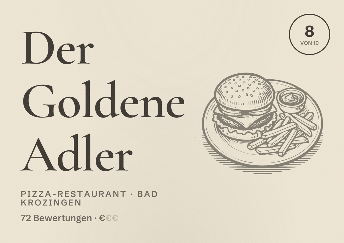 Illustriertes Poster von Der Goldene Adler, Pizza-Restaurant in Bad Krozingen: Bewertung 8 von 10 aus 72 Bewertungen, Preisniveau €