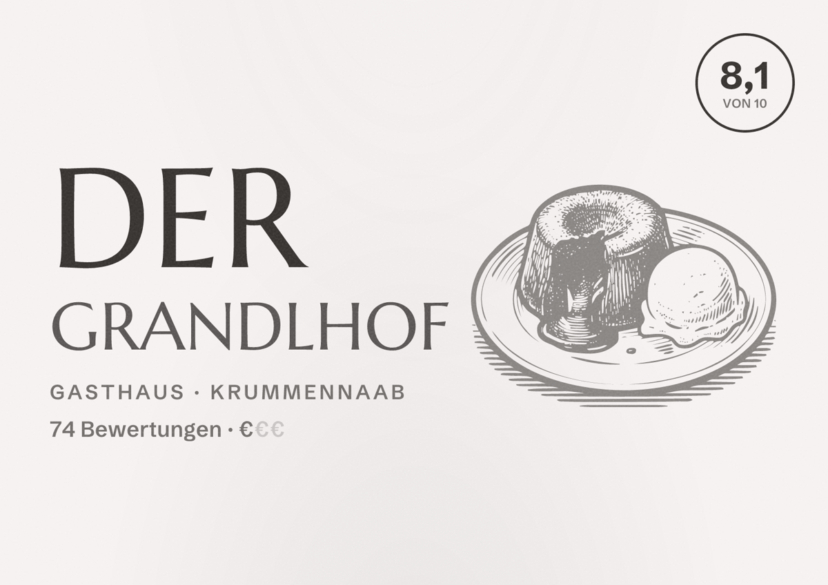 Illustriertes Poster von Der Grandlhof, Gasthaus in Krummennaab: Bewertung 8,1 von 10 aus 74 Bewertungen, Preisniveau €