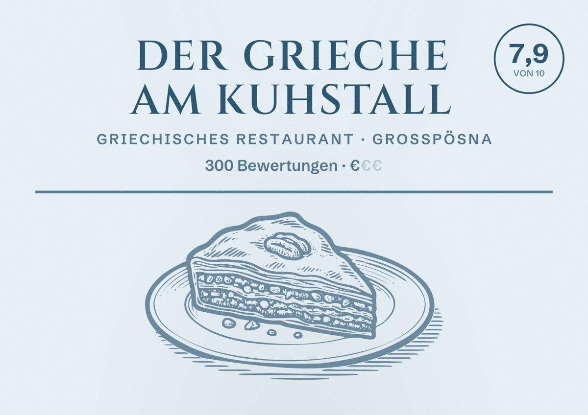 Illustriertes Poster von Der Grieche am Kuhstall, Griechisches Restaurant in Großpösna: Bewertung 7,9 von 10 aus 300 Bewertungen, Preisniveau €