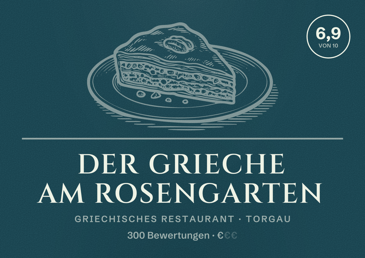 Illustriertes Poster von Der Grieche am Rosengarten, Griechisches Restaurant in Torgau: Bewertung 6,9 von 10 aus 300 Bewertungen, Preisniveau €