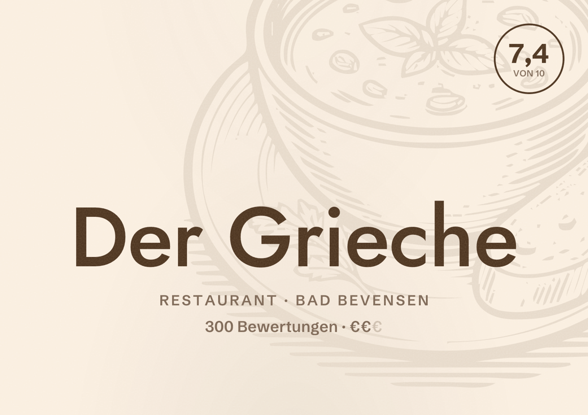 Illustriertes Poster von Der Grieche, Restaurant in Bad Bevensen: Bewertung 7,4 von 10 aus 300 Bewertungen, Preisniveau €€