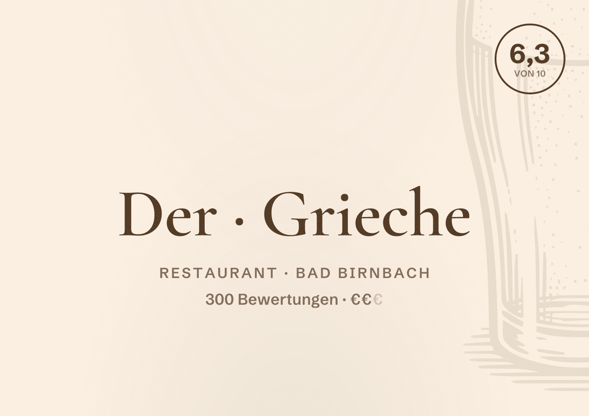 Illustriertes Poster von Der Grieche, Restaurant in Bad Birnbach: Bewertung 6,3 von 10 aus 300 Bewertungen, Preisniveau €€