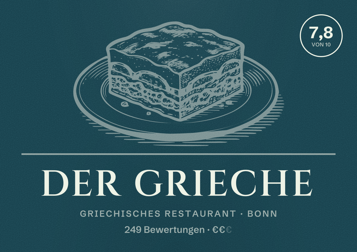 Illustriertes Poster von Der Grieche, Griechisches Restaurant in Bonn: Bewertung 7,8 von 10 aus 249 Bewertungen, Preisniveau €€