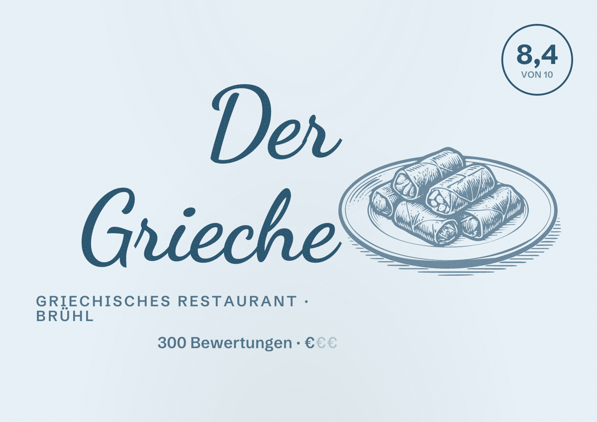 Illustriertes Poster von Der Grieche, Griechisches Restaurant in Brühl: Bewertung 8,4 von 10 aus 300 Bewertungen, Preisniveau €