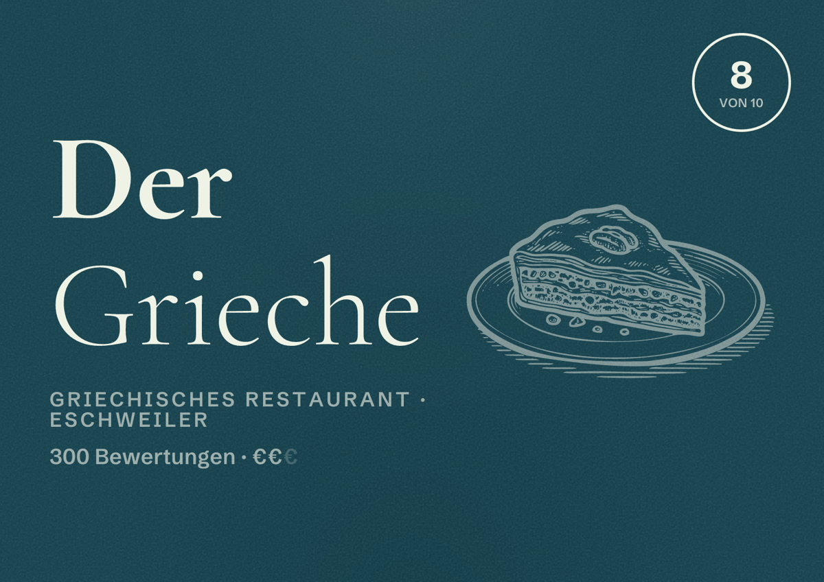 Illustriertes Poster von Der Grieche, Griechisches Restaurant in Eschweiler: Bewertung 8 von 10 aus 300 Bewertungen, Preisniveau €€