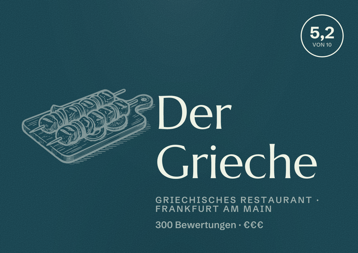 Illustriertes Poster von Der Grieche, Griechisches Restaurant in Frankfurt am Main: Bewertung 5,2 von 10 aus 300 Bewertungen, Preisniveau €€€