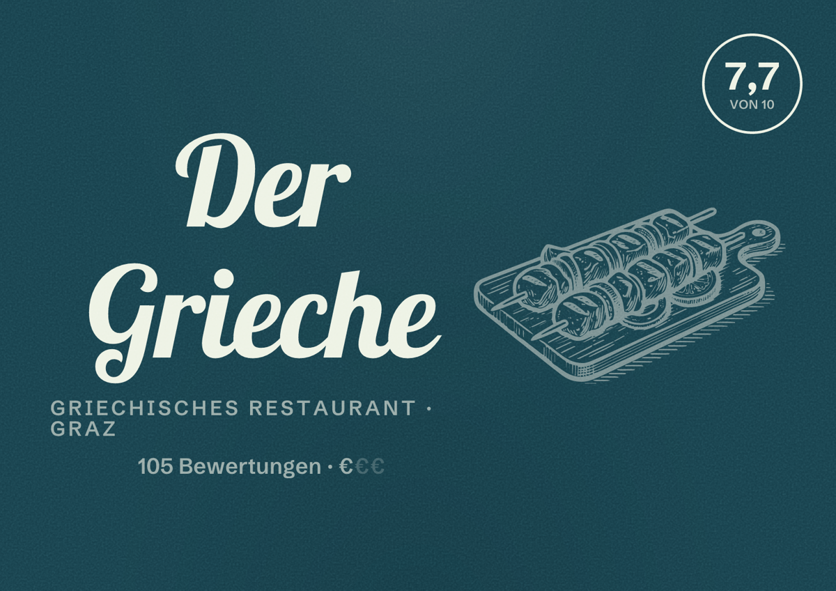 Illustriertes Poster von Der Grieche, Griechisches Restaurant in Graz: Bewertung 7,7 von 10 aus 105 Bewertungen, Preisniveau €