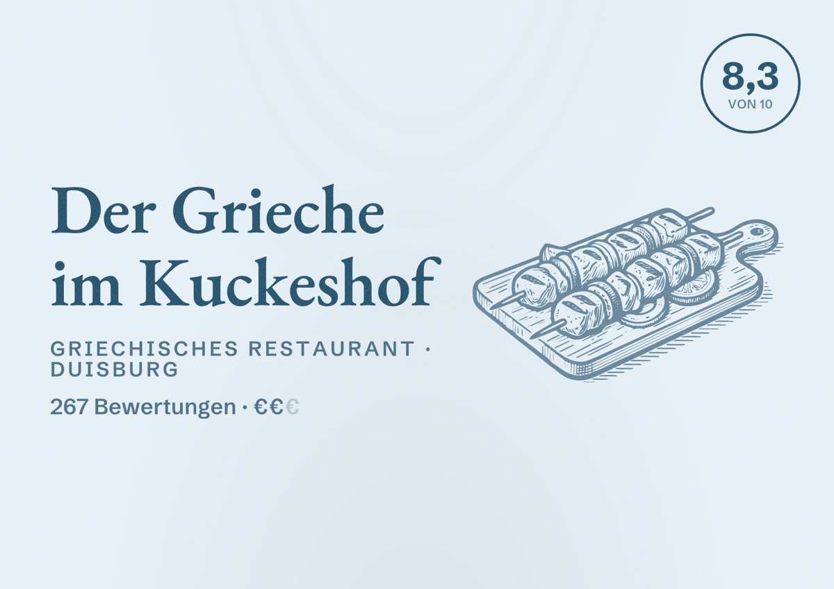 Illustriertes Poster von Der Grieche im Kuckeshof, Griechisches Restaurant in Duisburg: Bewertung 8,3 von 10 aus 267 Bewertungen, Preisniveau €€
