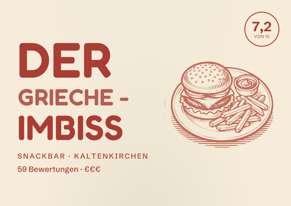 Illustriertes Poster von Der Grieche - Imbiss, Snackbar in Kaltenkirchen: Bewertung 7,2 von 10 aus 59 Bewertungen, Preisniveau €€€