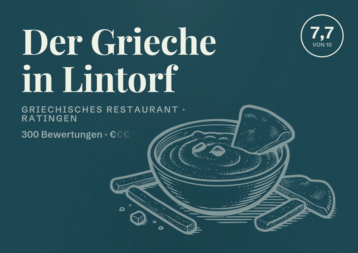 Illustriertes Poster von Der Grieche in Lintorf, Griechisches Restaurant in Ratingen: Bewertung 7,7 von 10 aus 300 Bewertungen, Preisniveau €