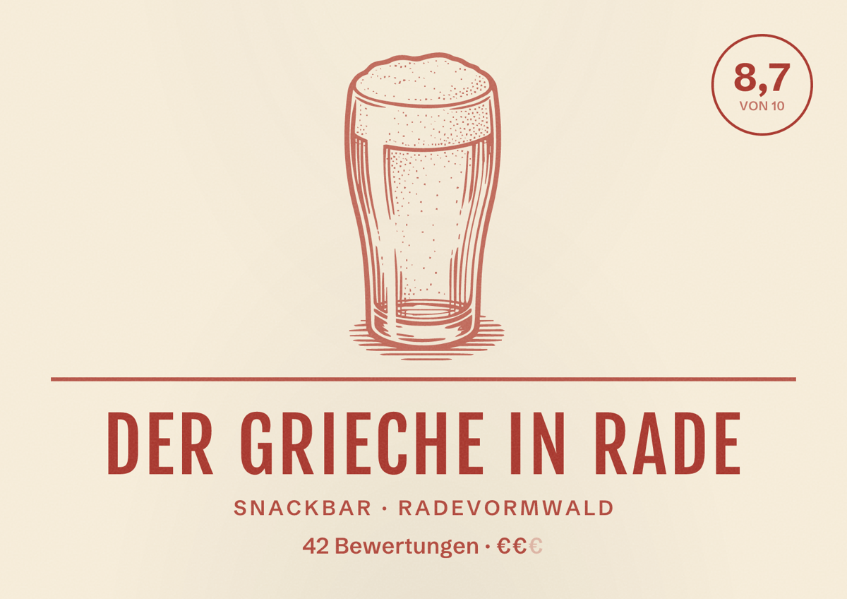 Illustriertes Poster von Der Grieche in Rade, Snackbar in Radevormwald: Bewertung 8,7 von 10 aus 42 Bewertungen, Preisniveau €€