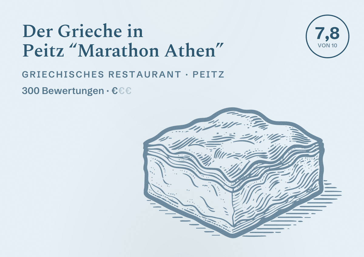 Illustriertes Poster von Der Grieche in Peitz “Marathon Athen”, Griechisches Restaurant in Peitz: Bewertung 7,8 von 10 aus 300 Bewertungen, Preisniveau €