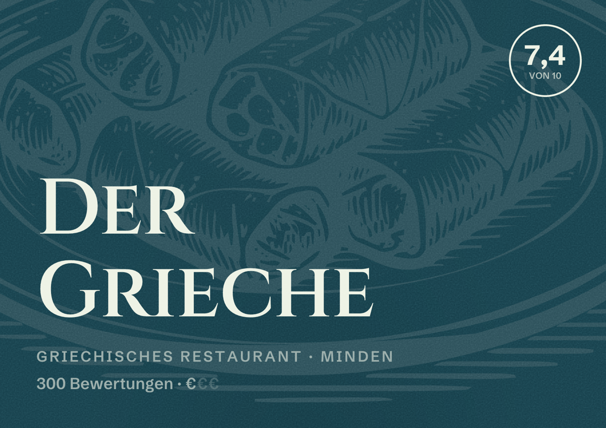 Illustriertes Poster von Der Grieche, Griechisches Restaurant in Minden: Bewertung 7,4 von 10 aus 300 Bewertungen, Preisniveau €