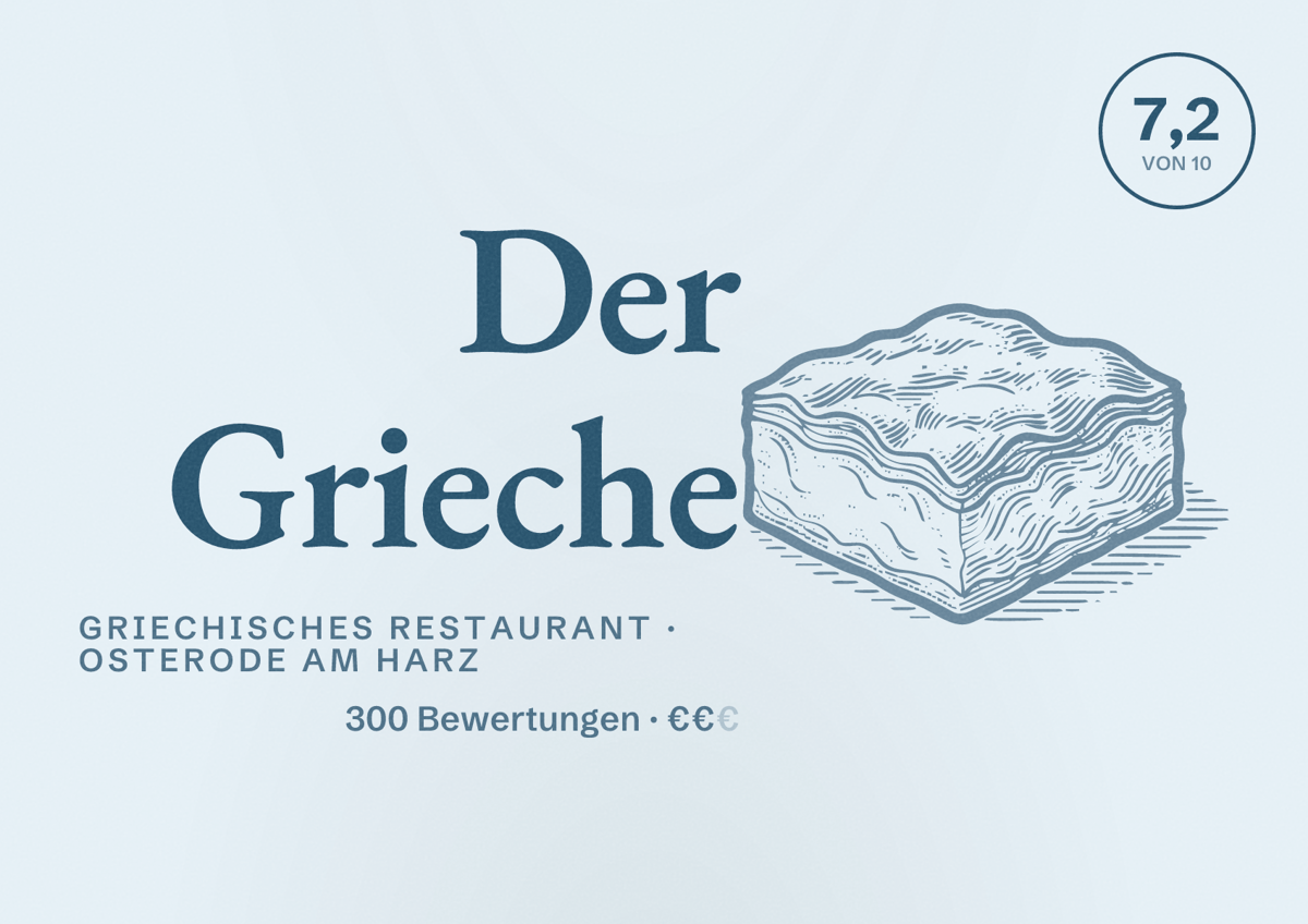 Illustriertes Poster von Der Grieche, Griechisches Restaurant in Osterode am Harz: Bewertung 7,2 von 10 aus 300 Bewertungen, Preisniveau €€