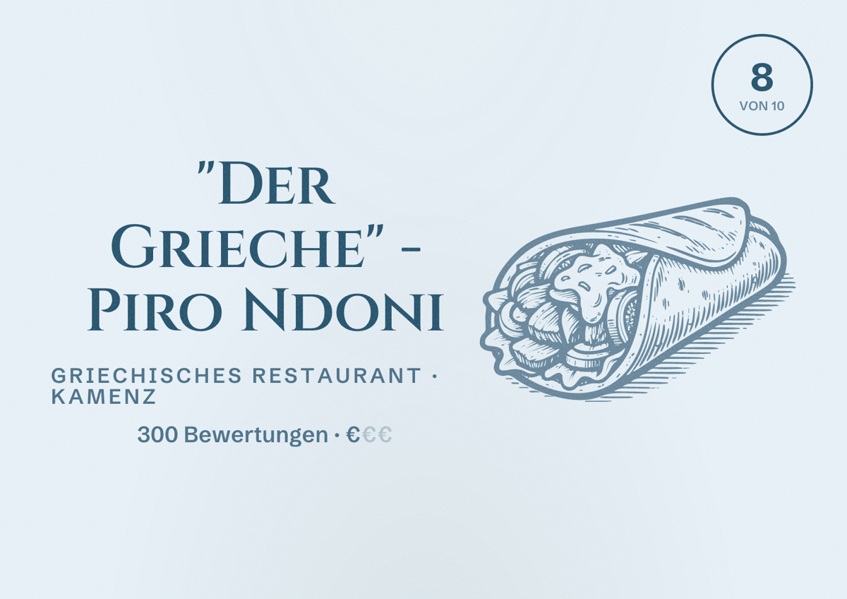 Illustriertes Poster von "Der Grieche" - Piro Ndoni, Griechisches Restaurant in Kamenz: Bewertung 8 von 10 aus 300 Bewertungen, Preisniveau €