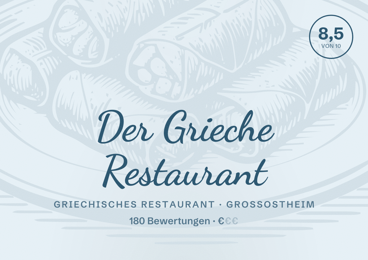 Illustriertes Poster von Der Grieche Restaurant, Griechisches Restaurant in Großostheim: Bewertung 8,5 von 10 aus 180 Bewertungen, Preisniveau €