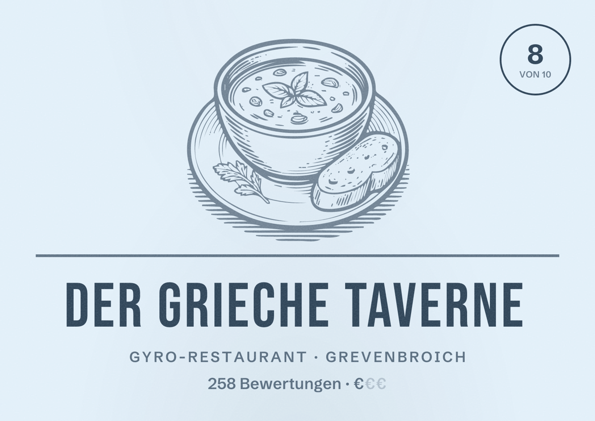 Illustriertes Poster von Der Grieche Taverne, Gyro-Restaurant in Grevenbroich: Bewertung 8 von 10 aus 258 Bewertungen, Preisniveau €