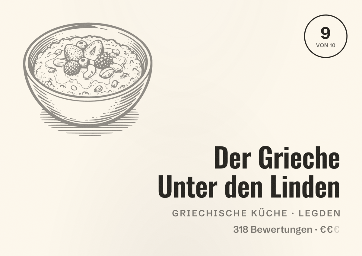 Illustriertes Poster von Der Grieche Unter den Linden, Griechische Küche in Legden: Bewertung 9 von 10 aus 318 Bewertungen, Preisniveau €€