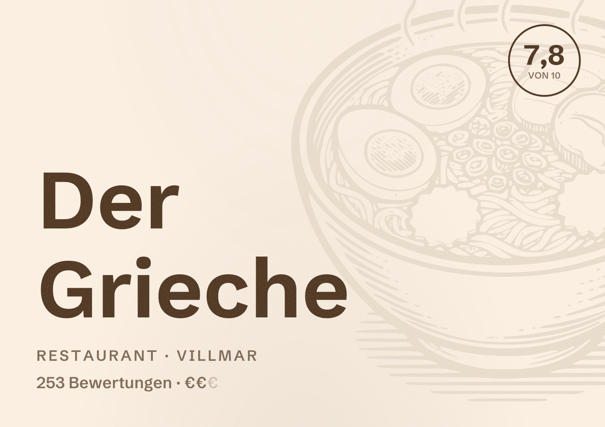 Illustriertes Poster von Der Grieche, Restaurant in Villmar: Bewertung 7,8 von 10 aus 253 Bewertungen, Preisniveau €€
