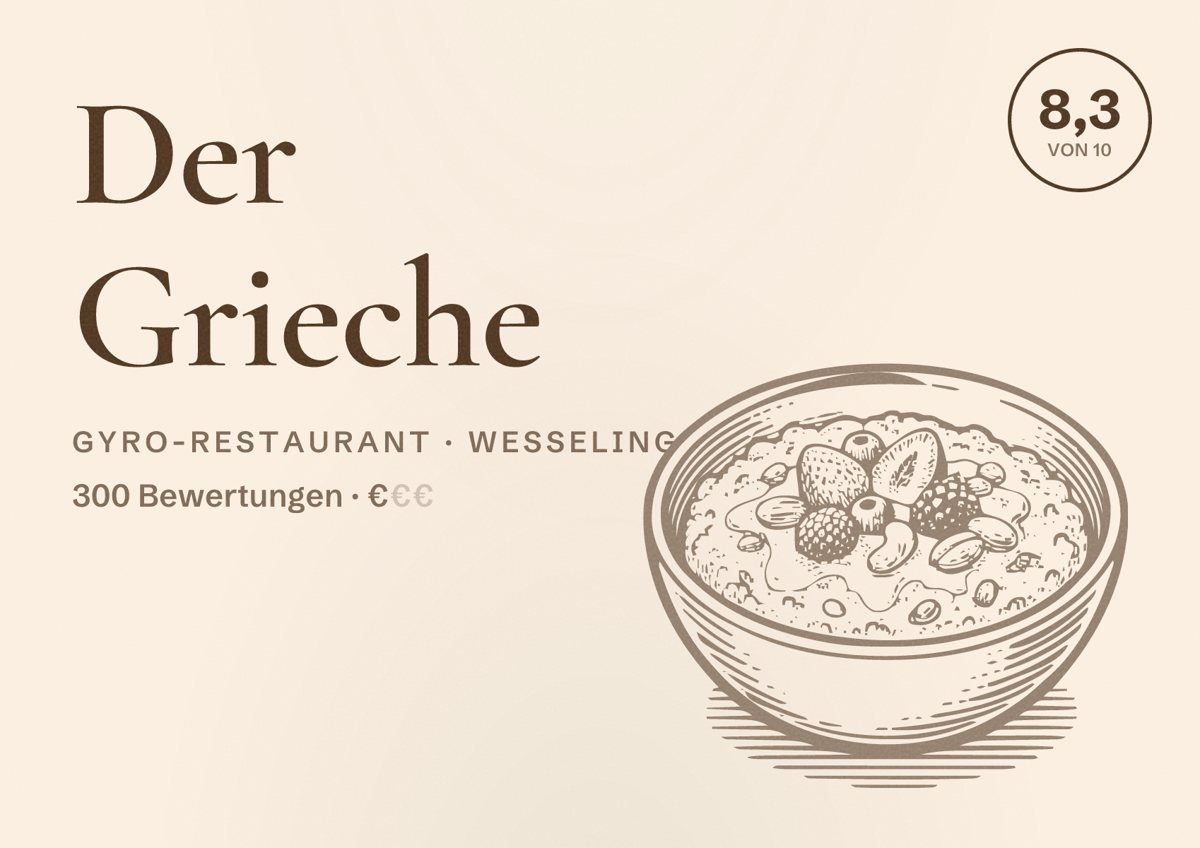 Illustriertes Poster von Der Grieche, Gyro-Restaurant in Wesseling: Bewertung 8,3 von 10 aus 300 Bewertungen, Preisniveau €