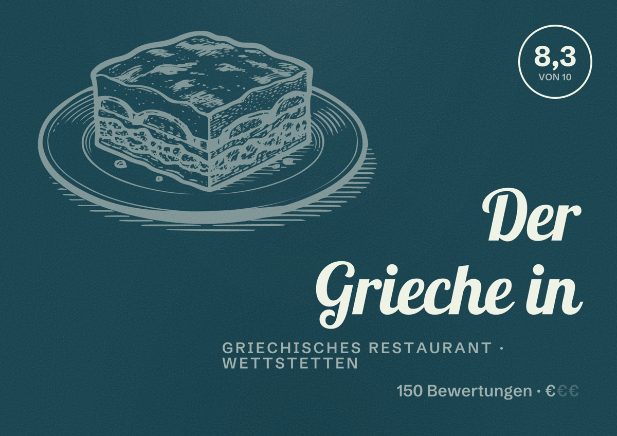 Illustriertes Poster von Der Grieche in, Griechisches Restaurant in Wettstetten: Bewertung 8,3 von 10 aus 150 Bewertungen, Preisniveau €
