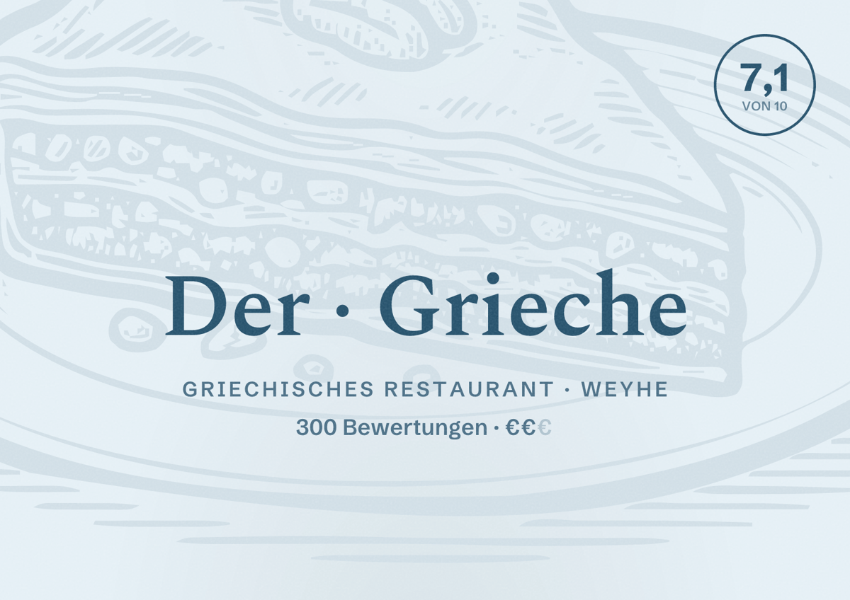 Illustriertes Poster von Der Grieche, Griechisches Restaurant in Weyhe: Bewertung 7,1 von 10 aus 300 Bewertungen, Preisniveau €€