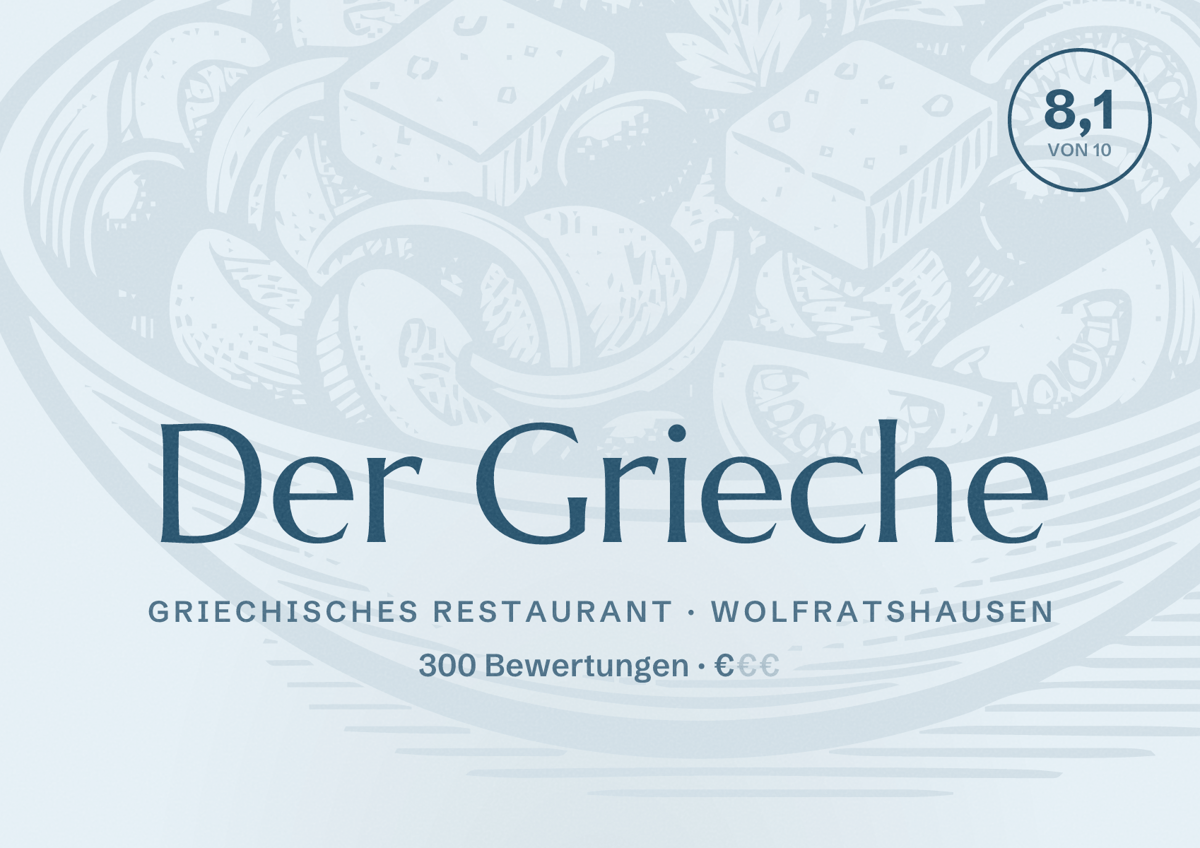 Illustriertes Poster von Der Grieche, Griechisches Restaurant in Wolfratshausen: Bewertung 8,1 von 10 aus 300 Bewertungen, Preisniveau €