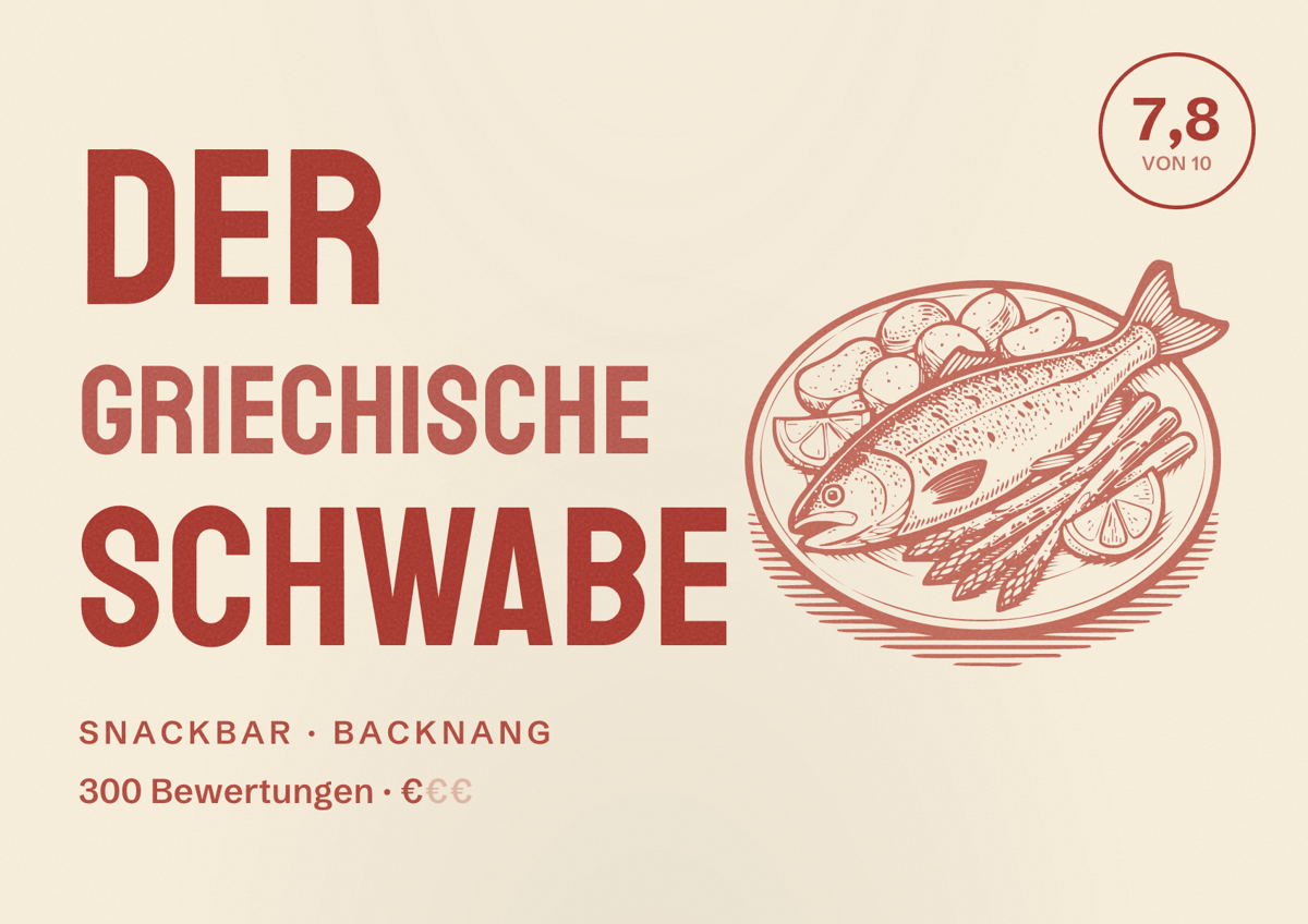 Illustriertes Poster von Der griechische Schwabe, Snackbar in Backnang: Bewertung 7,8 von 10 aus 300 Bewertungen, Preisniveau €