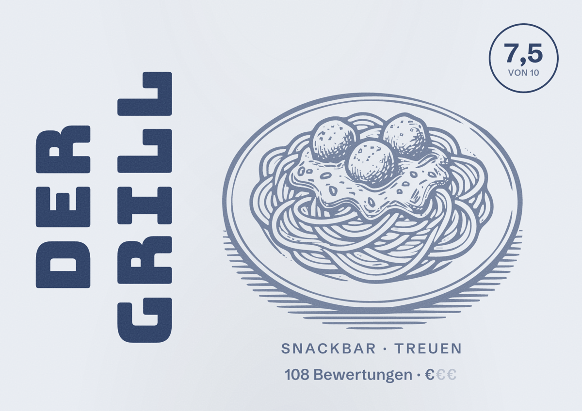 Illustriertes Poster von Der Grill, Snackbar in Treuen: Bewertung 7,5 von 10 aus 108 Bewertungen, Preisniveau €