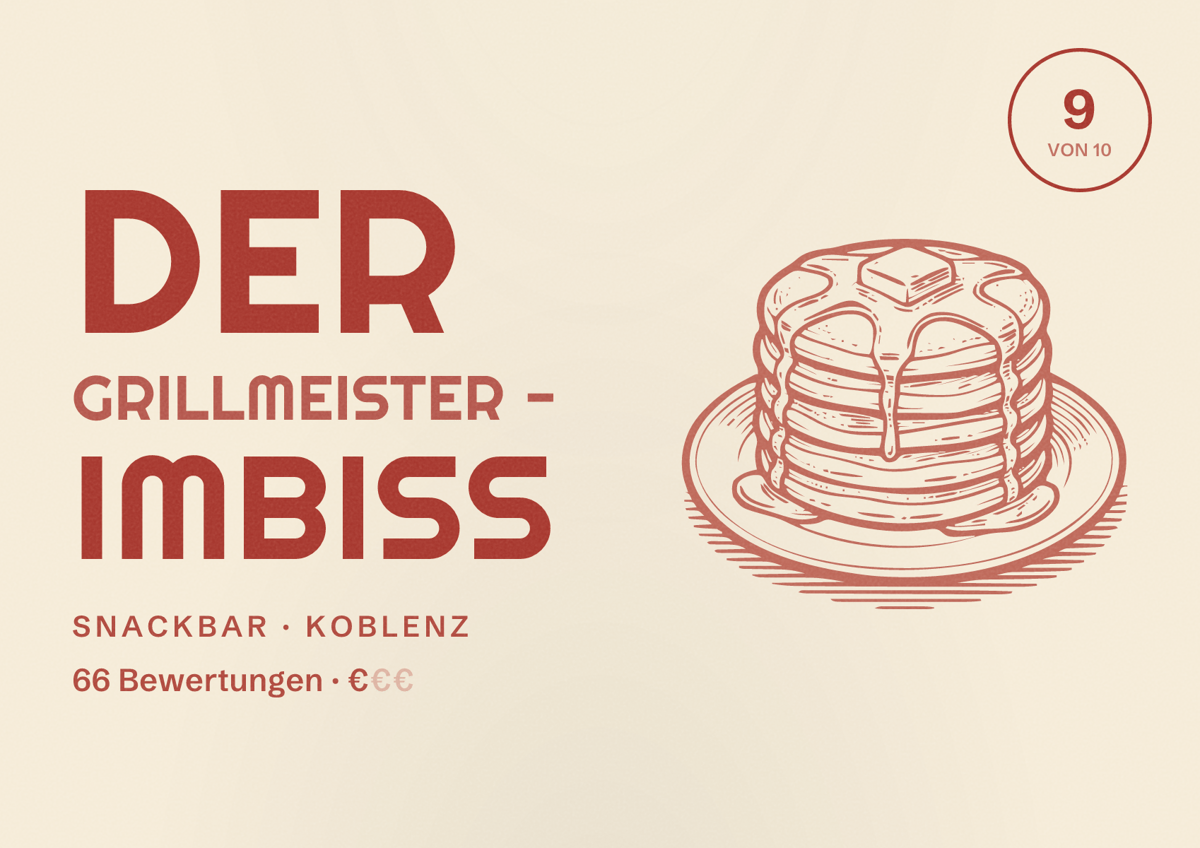 Illustriertes Poster von Der Grillmeister - Imbiss, Snackbar in Koblenz: Bewertung 9 von 10 aus 66 Bewertungen, Preisniveau €