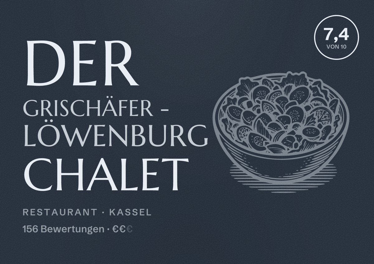 Illustriertes Poster von Der Grischäfer - Löwenburg Chalet, Restaurant in Kassel: Bewertung 7,4 von 10 aus 156 Bewertungen, Preisniveau €€