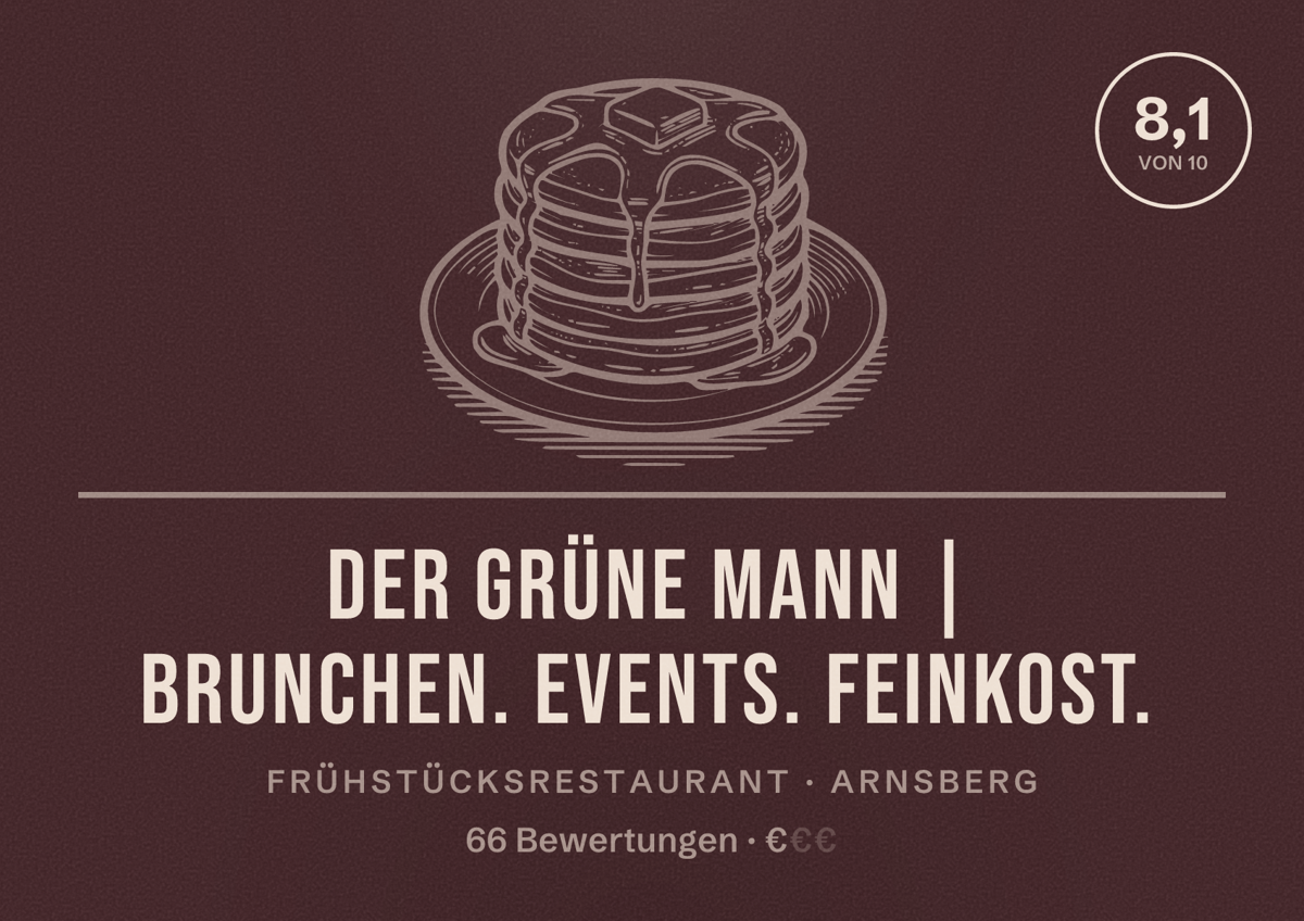 Illustriertes Poster von Der grüne Mann | Brunchen. Events. Feinkost., Frühstücksrestaurant in Arnsberg: Bewertung 8,1 von 10 aus 66 Bewertungen, Preisniveau €