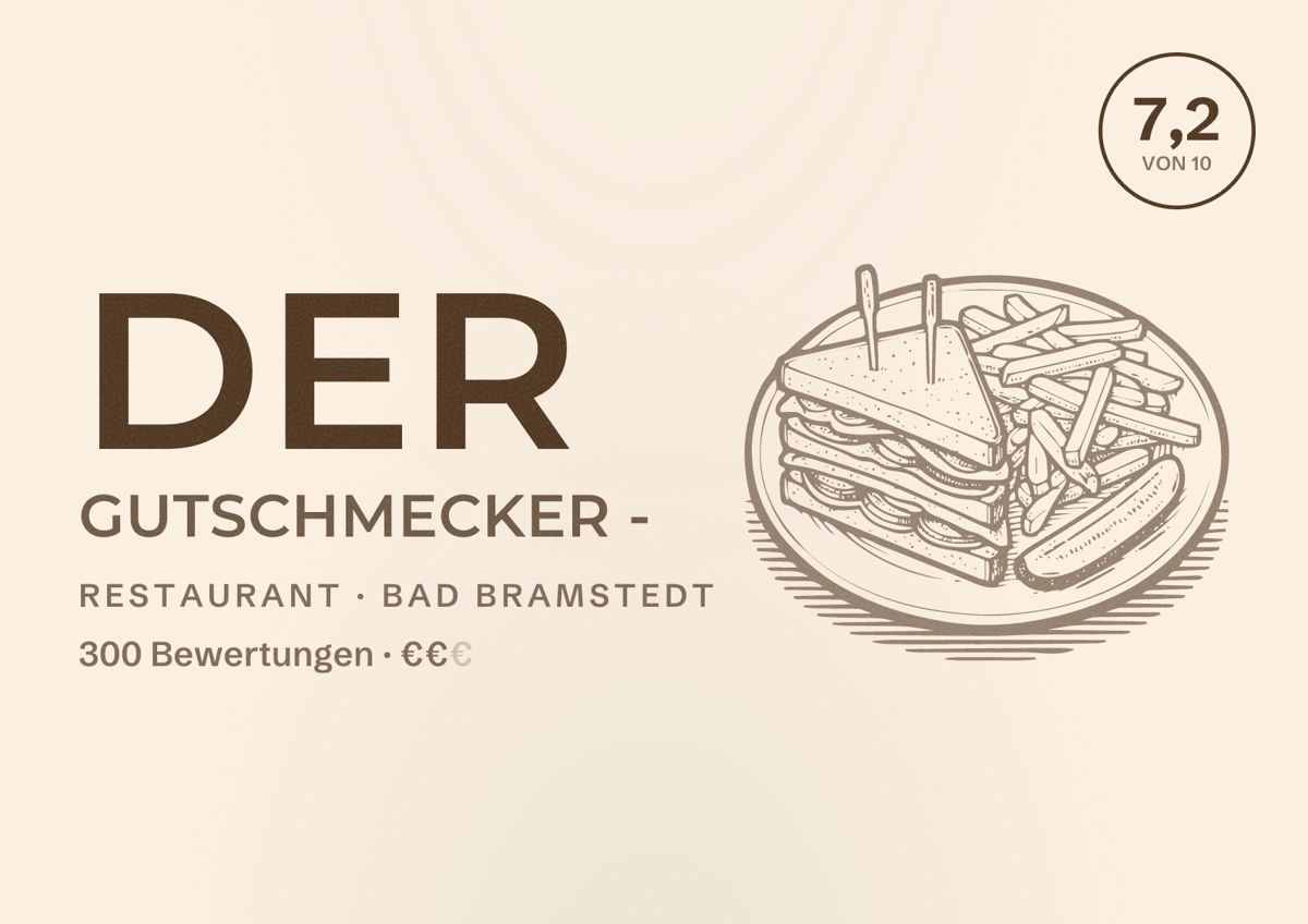 Illustriertes Poster von Der Gutschmecker -, Restaurant in Bad Bramstedt: Bewertung 7,2 von 10 aus 300 Bewertungen, Preisniveau €€