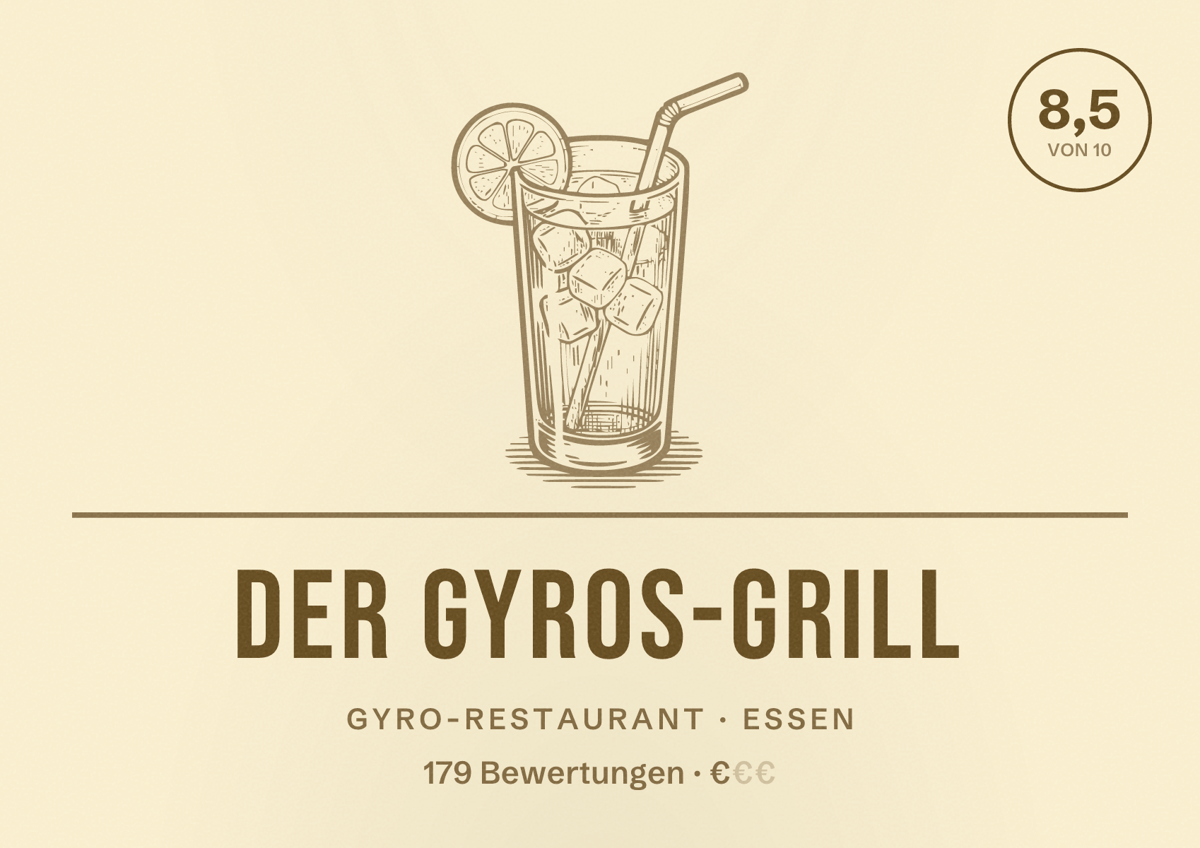 Illustriertes Poster von Der Gyros-Grill, Gyro-Restaurant in Essen: Bewertung 8,5 von 10 aus 179 Bewertungen, Preisniveau €