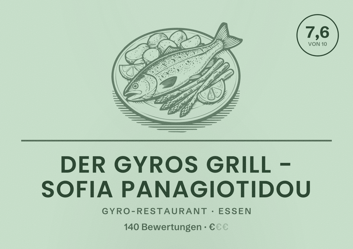 Illustriertes Poster von Der Gyros Grill - Sofia Panagiotidou, Gyro-Restaurant in Essen: Bewertung 7,6 von 10 aus 140 Bewertungen, Preisniveau €