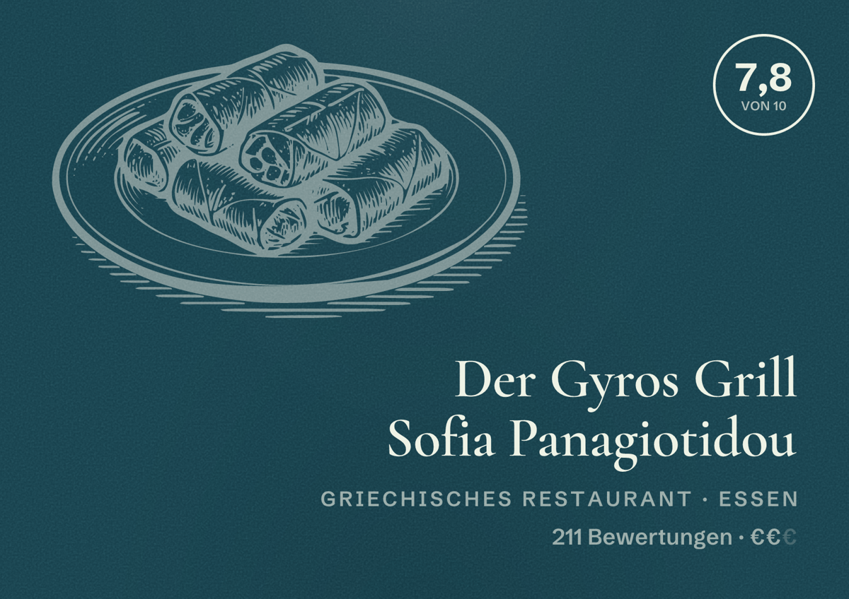 Illustriertes Poster von Der Gyros Grill Sofia Panagiotidou, Griechisches Restaurant in Essen: Bewertung 7,8 von 10 aus 211 Bewertungen, Preisniveau €€