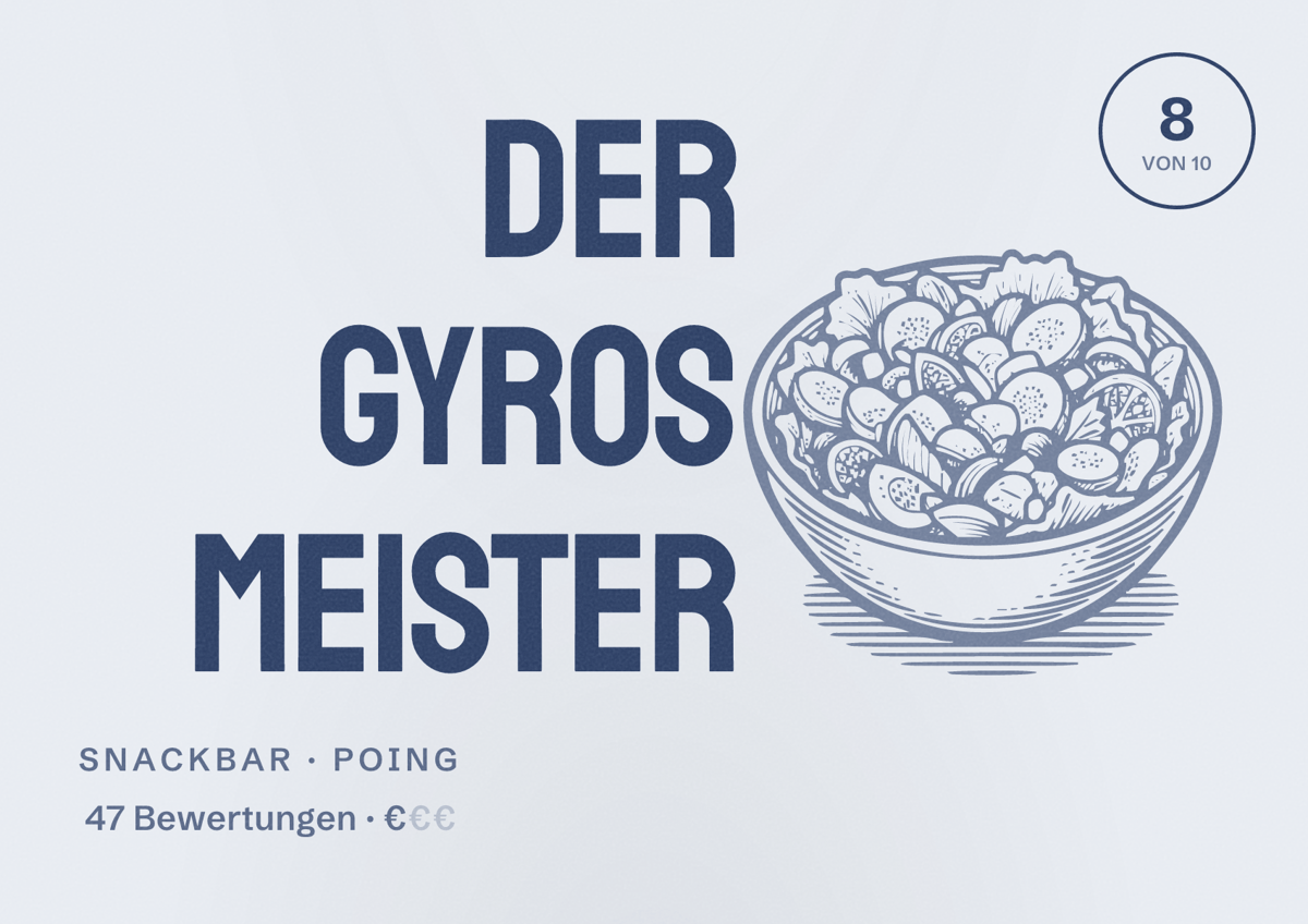 Illustriertes Poster von Der Gyros Meister, Snackbar in Poing: Bewertung 8 von 10 aus 47 Bewertungen, Preisniveau €