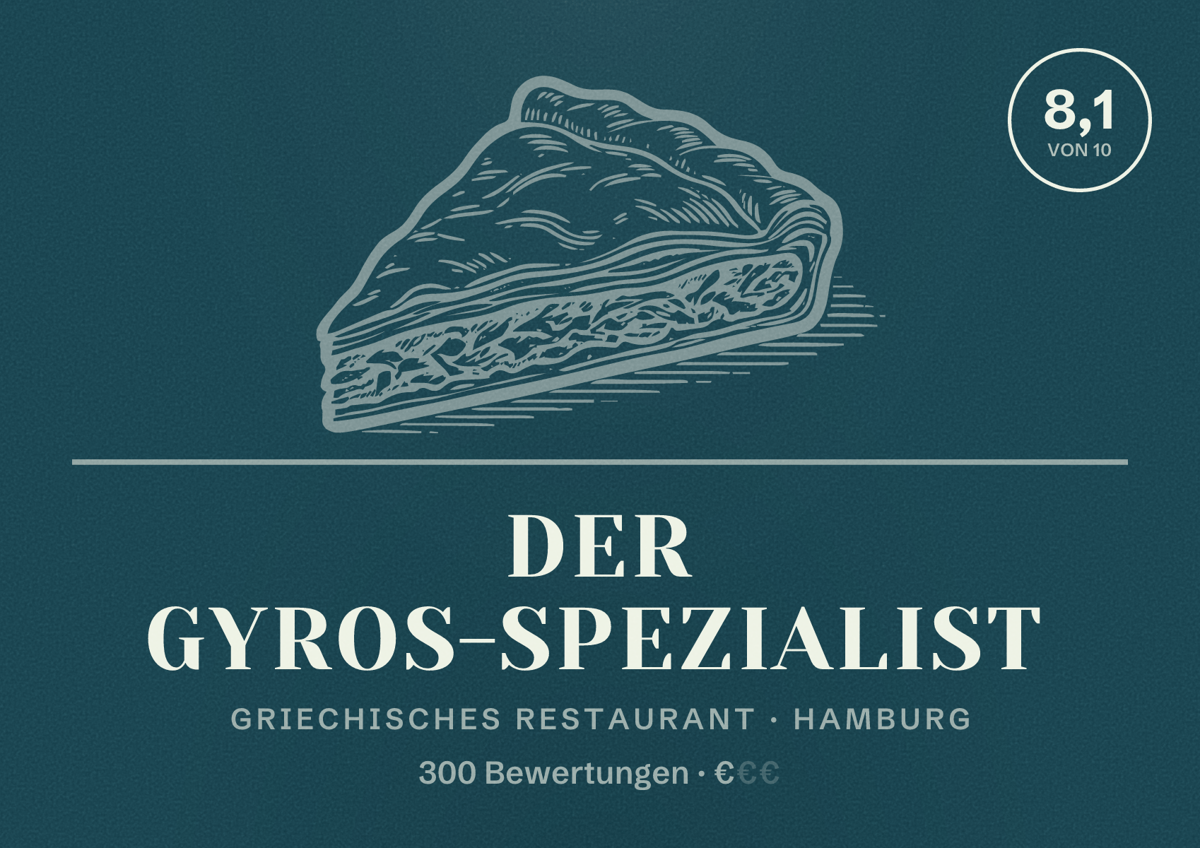 Illustriertes Poster von Der Gyros-Spezialist, Griechisches Restaurant in Hamburg: Bewertung 8,1 von 10 aus 300 Bewertungen, Preisniveau €
