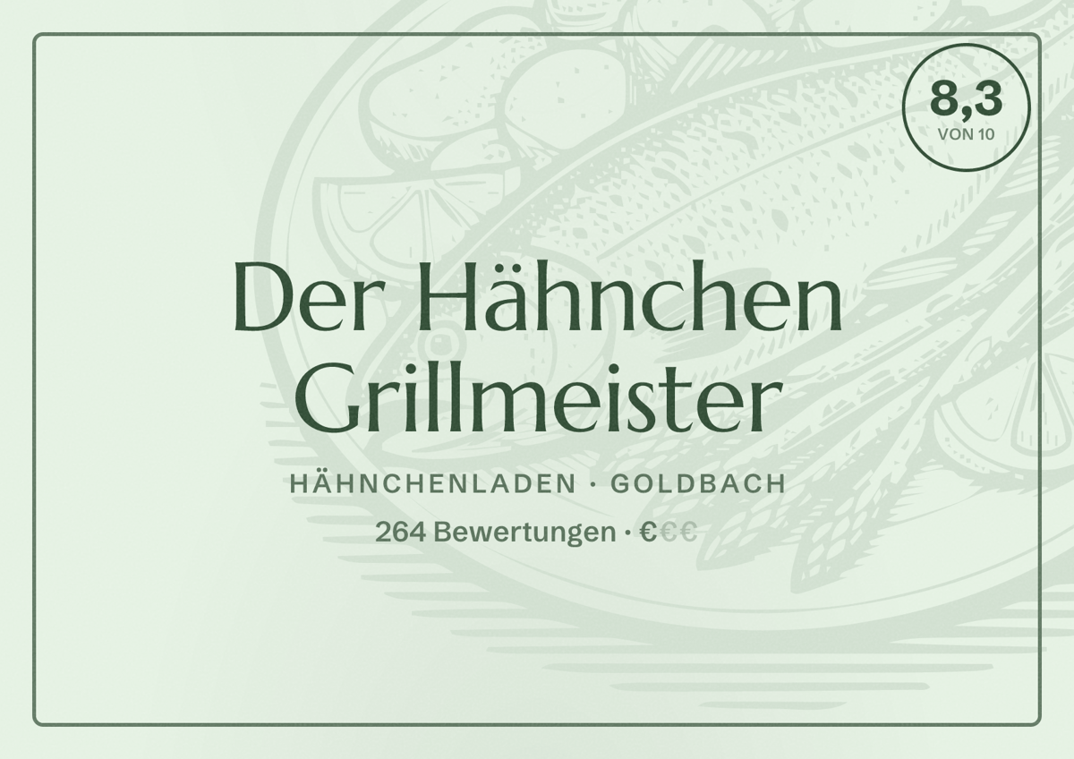 Illustriertes Poster von Der Hähnchen Grillmeister, Hähnchenladen in Goldbach: Bewertung 8,3 von 10 aus 264 Bewertungen, Preisniveau €