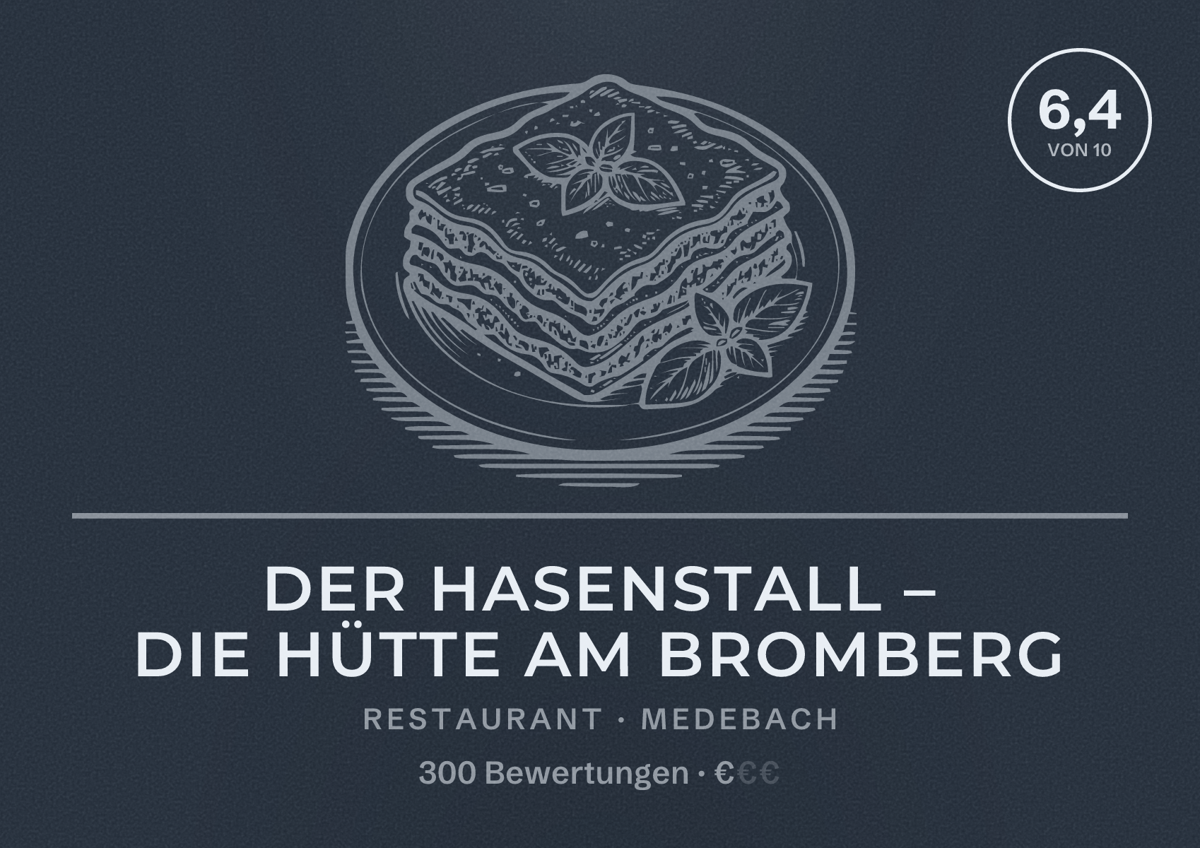 Illustriertes Poster von Der Hasenstall – Die Hütte am Bromberg, Restaurant in Medebach: Bewertung 6,4 von 10 aus 300 Bewertungen, Preisniveau €