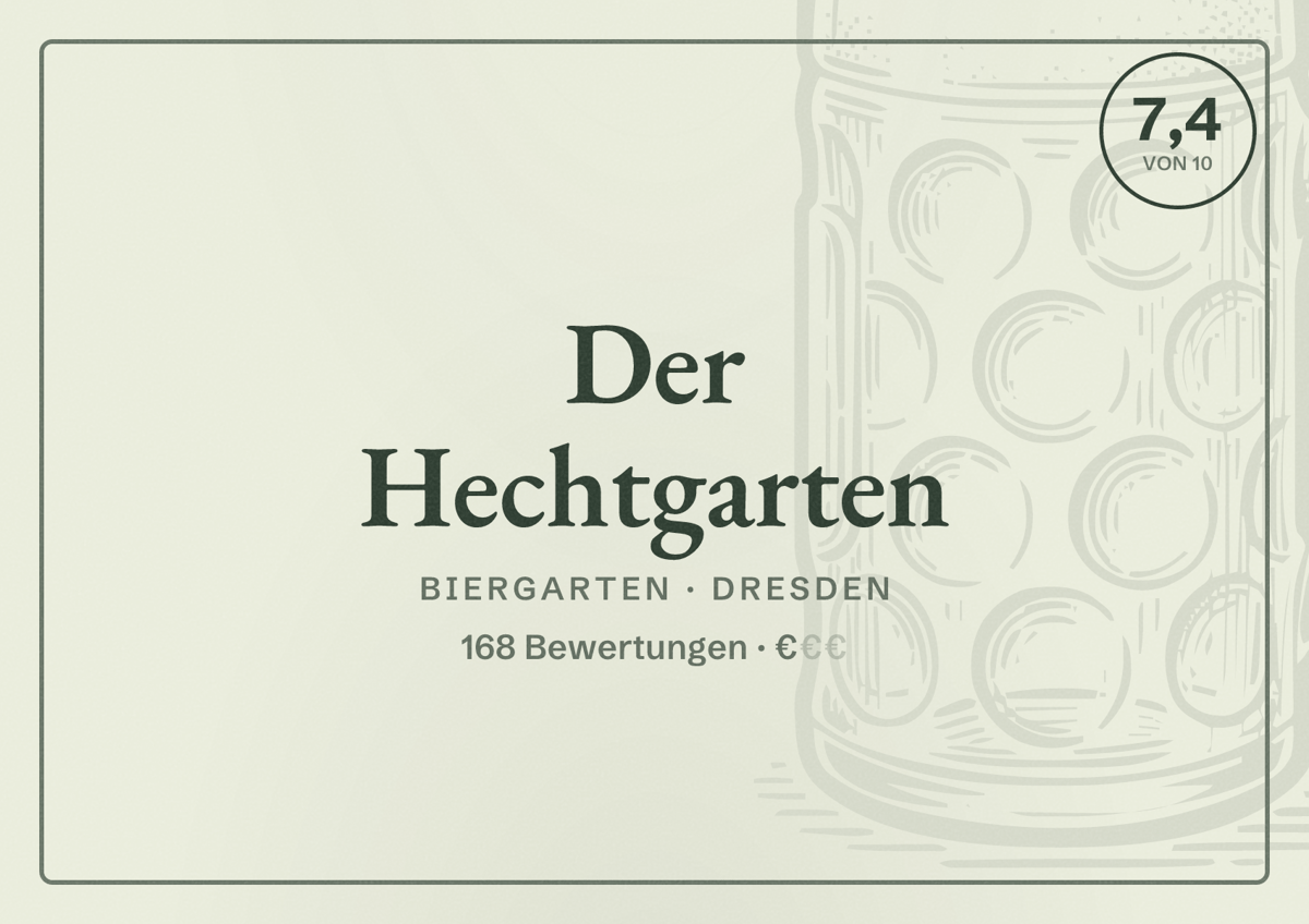 Illustriertes Poster von Der Hechtgarten, Biergarten in Dresden: Bewertung 7,4 von 10 aus 168 Bewertungen, Preisniveau €