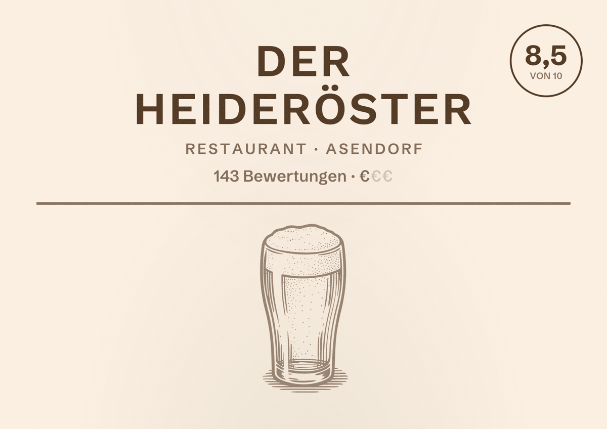 Illustriertes Poster von Der Heideröster, Restaurant in Asendorf: Bewertung 8,5 von 10 aus 143 Bewertungen, Preisniveau €