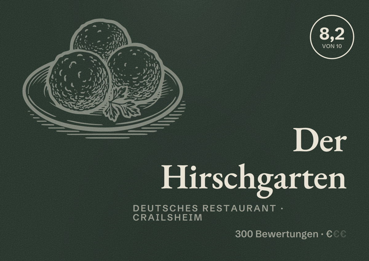 Illustriertes Poster von Der Hirschgarten, Deutsches Restaurant in Crailsheim: Bewertung 8,2 von 10 aus 300 Bewertungen, Preisniveau €