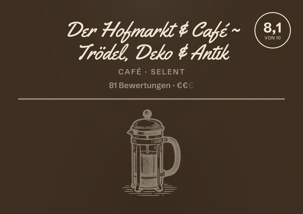 Illustriertes Poster von Der Hofmarkt & Café ~ Trödel, Deko & Antik, Café in Selent: Bewertung 8,1 von 10 aus 81 Bewertungen, Preisniveau €€