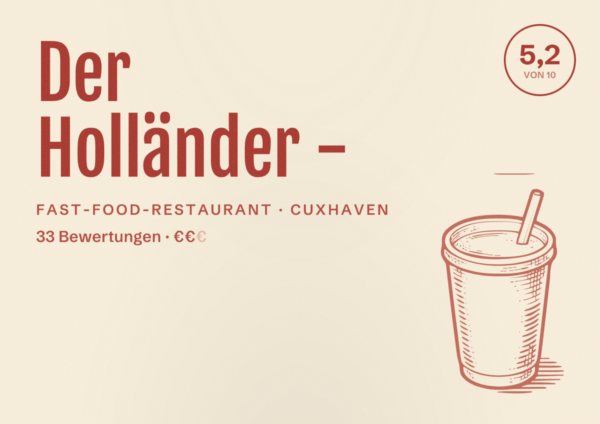 Illustriertes Poster von Der Holländer -, Fast-Food-Restaurant in Cuxhaven: Bewertung 5,2 von 10 aus 33 Bewertungen, Preisniveau €€