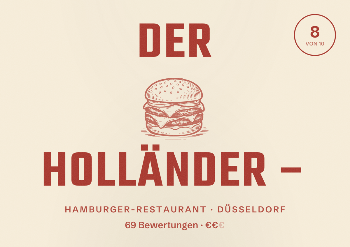 Illustriertes Poster von Der Holländer –, Hamburger-Restaurant in Düsseldorf: Bewertung 8,0 von 10 aus 69 Bewertungen, Preisniveau €€